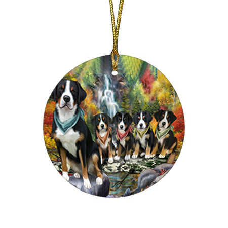 Scenic Waterfall Greater Swiss Mountain Dogs Round Flat Christmas Ornament RFPOR51887