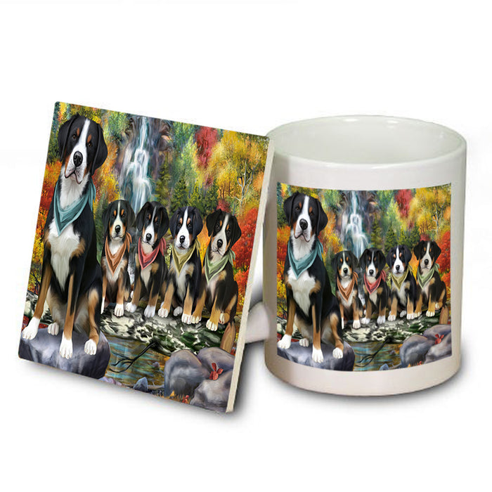 Scenic Waterfall Greater Swiss Mountain Dogs Mug and Coaster Set MUC51888