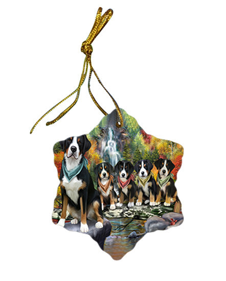 Scenic Waterfall Greater Swiss Mountain Dogs Star Porcelain Ornament SPOR51887