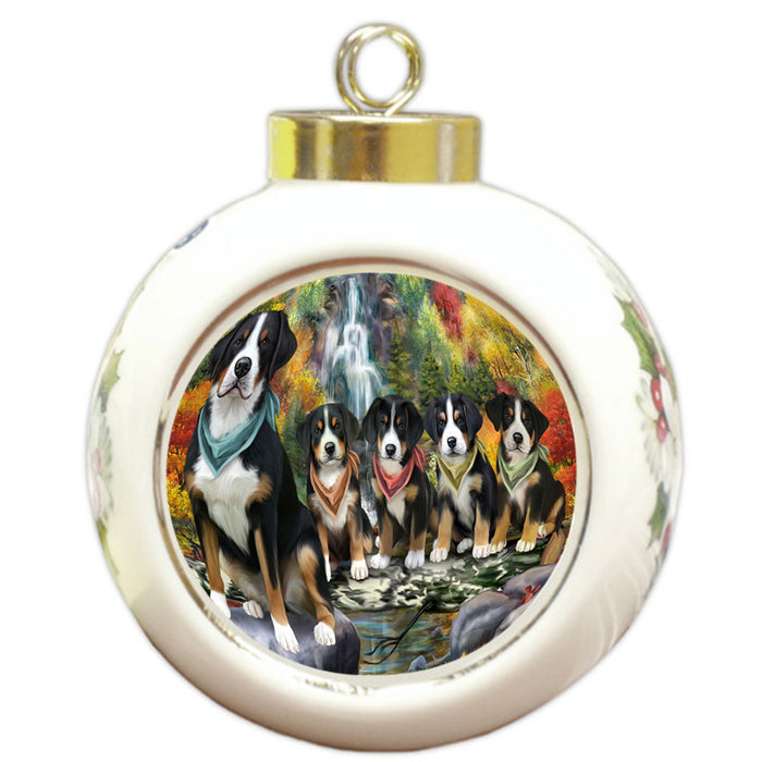 Scenic Waterfall Greater Swiss Mountain Dogs Round Ball Christmas Ornament RBPOR51896