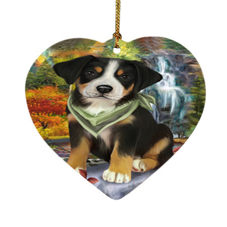 Scenic Waterfall Greater Swiss Mountain Dog Heart Christmas Ornament HPOR51897