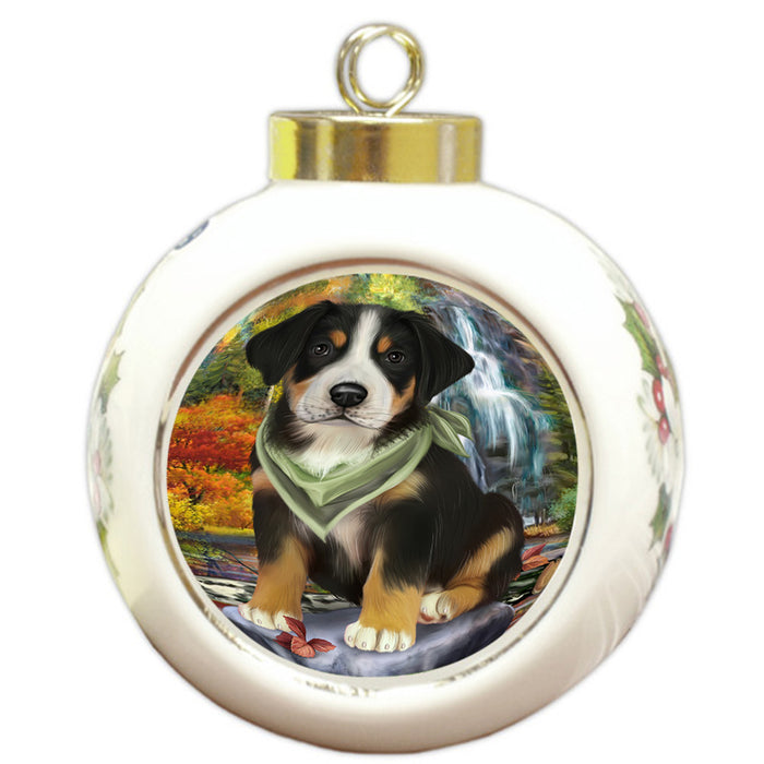Scenic Waterfall Greater Swiss Mountain Dog Round Ball Christmas Ornament RBPOR51897