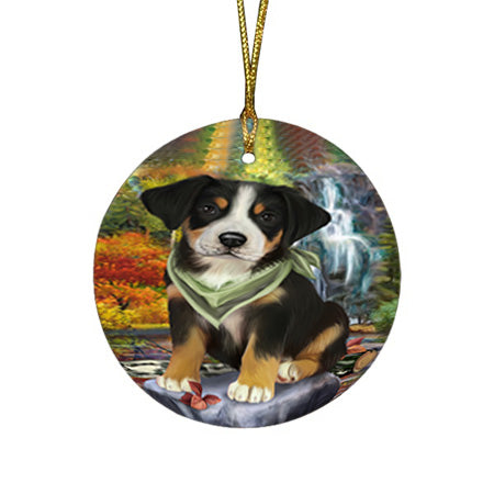 Scenic Waterfall Greater Swiss Mountain Dog Round Flat Christmas Ornament RFPOR51888