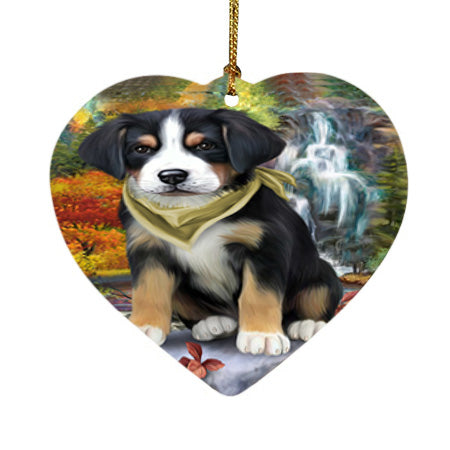 Scenic Waterfall Greater Swiss Mountain Dog Heart Christmas Ornament HPOR51898