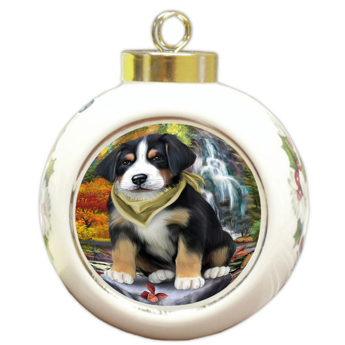 Scenic Waterfall Greater Swiss Mountain Dog Round Ball Christmas Ornament RBPOR51898
