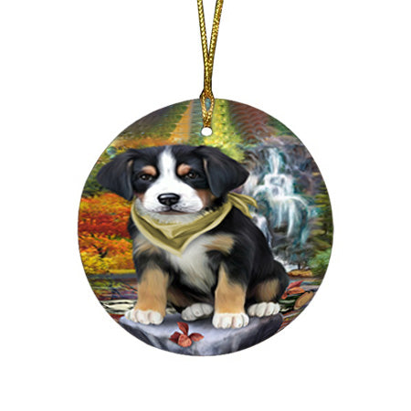 Scenic Waterfall Greater Swiss Mountain Dog Round Flat Christmas Ornament RFPOR51889