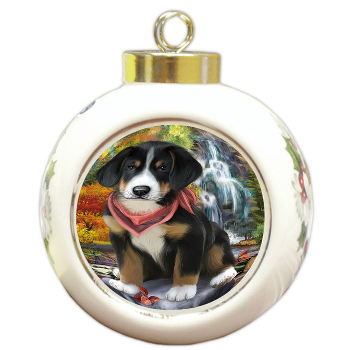 Scenic Waterfall Greater Swiss Mountain Dog Round Ball Christmas Ornament RBPOR51899