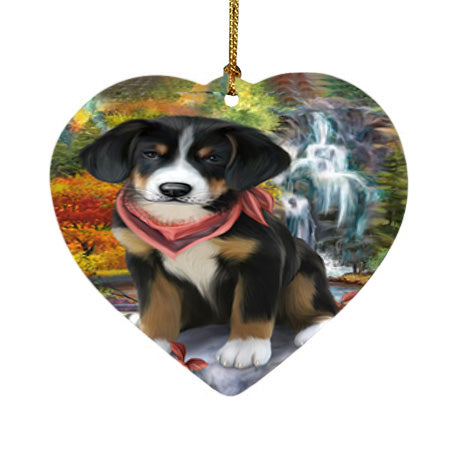 Scenic Waterfall Greater Swiss Mountain Dog Heart Christmas Ornament HPOR51899