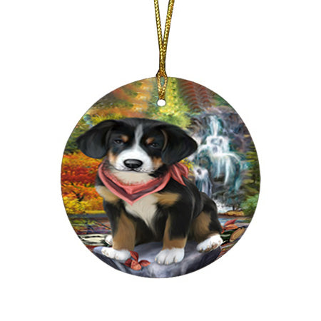 Scenic Waterfall Greater Swiss Mountain Dog Round Flat Christmas Ornament RFPOR51890