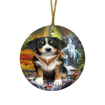 Scenic Waterfall Greater Swiss Mountain Dog Round Flat Christmas Ornament RFPOR51891