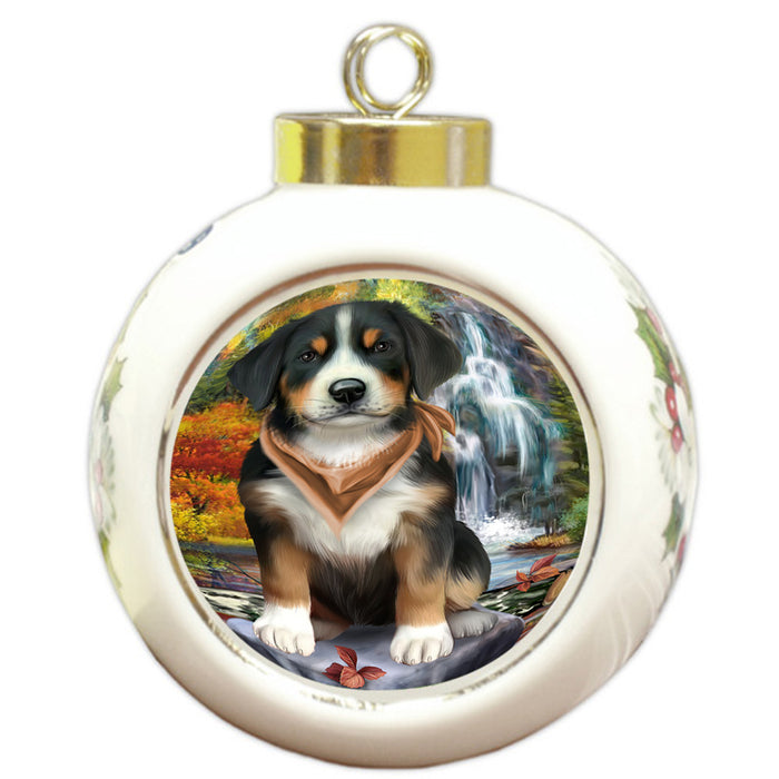Scenic Waterfall Greater Swiss Mountain Dog Round Ball Christmas Ornament RBPOR51900