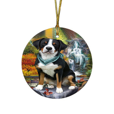 Scenic Waterfall Greater Swiss Mountain Dog Round Flat Christmas Ornament RFPOR51892