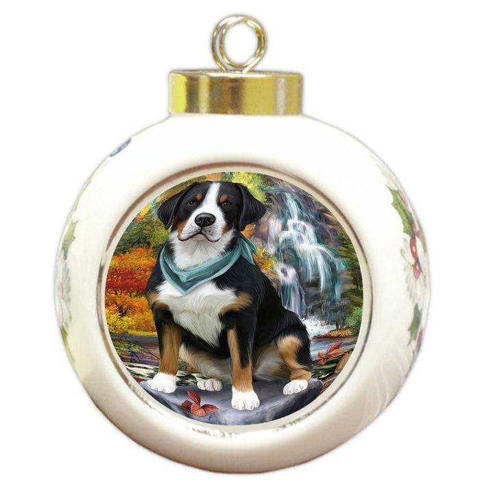Scenic Waterfall Greater Swiss Mountain Dog Round Ball Christmas Ornament RBPOR51901