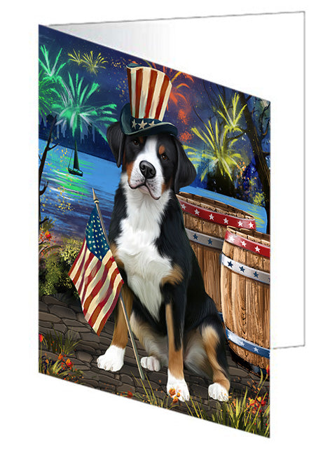 4th of July Independence Day Fireworks Greater Swiss Mountain Dog at the Lake Handmade Artwork Assorted Pets Greeting Cards and Note Cards with Envelopes for All Occasions and Holiday Seasons GCD57518