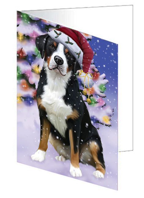 Winterland Wonderland Greater Swiss Mountain Dog In Christmas Holiday Scenic Background Handmade Artwork Assorted Pets Greeting Cards and Note Cards with Envelopes for All Occasions and Holiday Seasons GCD65309
