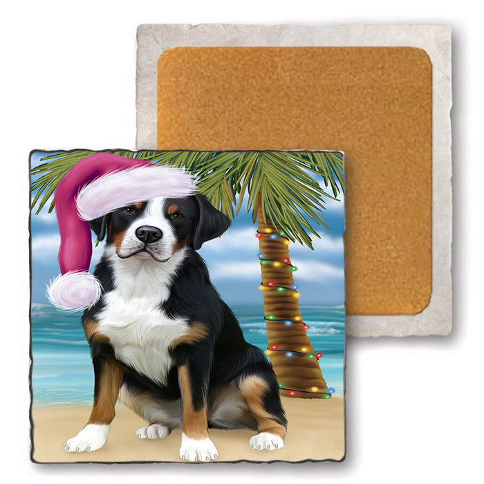 Summertime Happy Holidays Christmas Greater Swiss Mountain Dog on Tropical Island Beach Set of 4 Natural Stone Marble Tile Coasters MCST49434