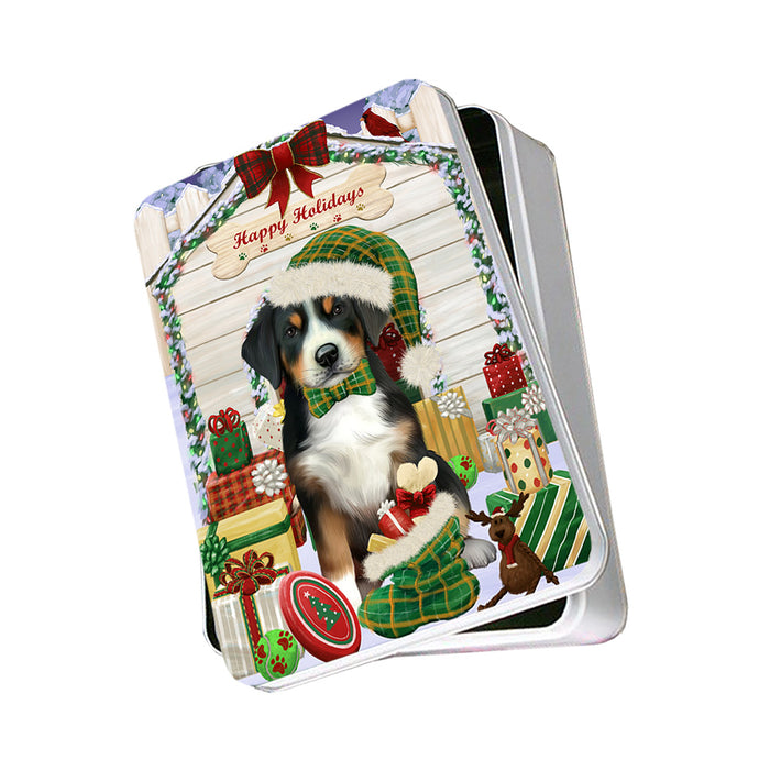 Happy Holidays Christmas Greater Swiss Mountain Dog With Presents Photo Storage Tin PITN52662