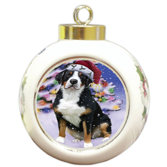 Winterland Wonderland Greater Swiss Mountain Dog In Christmas Holiday Scenic Background Round Ball Christmas Ornament RBPOR53760