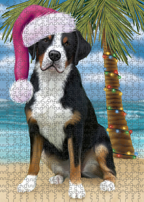 Summertime Happy Holidays Christmas Greater Swiss Mountain Dog on Tropical Island Beach Puzzle with Photo Tin PUZL85404