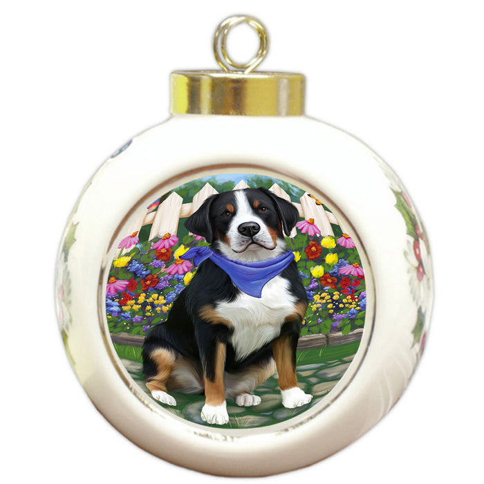 Spring Floral Greater Swiss Mountain Dog Round Ball Christmas Ornament RBPOR52261