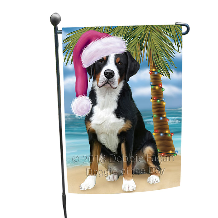 Summertime Happy Holidays Christmas Greater Swiss Mountain Dog on Tropical Island Beach Garden Flag GFLG54624