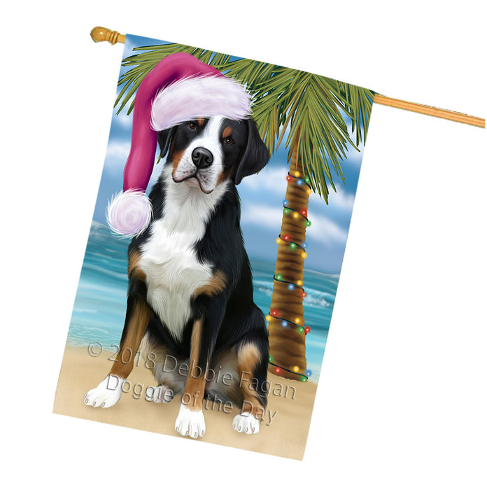 Summertime Happy Holidays Christmas Greater Swiss Mountain Dog on Tropical Island Beach House Flag FLG54760