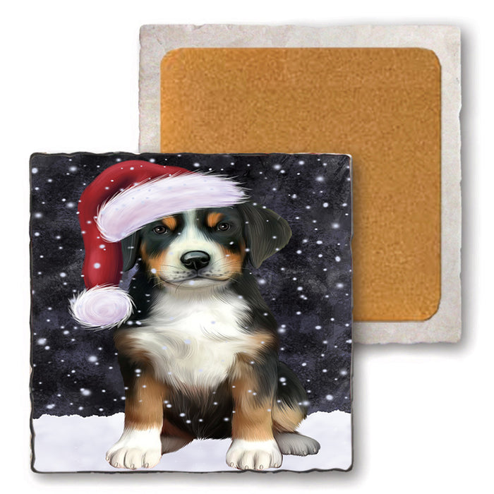 Let it Snow Christmas Holiday Greater Swiss Mountain Dog Wearing Santa Hat Set of 4 Natural Stone Marble Tile Coasters MCST49300