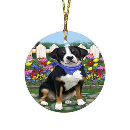 Spring Floral Greater Swiss Mountain Dog Round Flat Christmas Ornament RFPOR52252