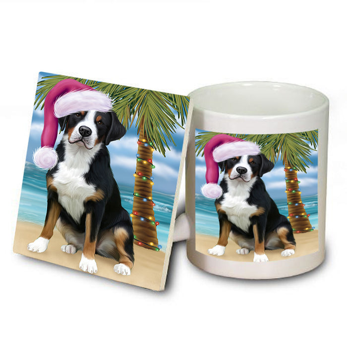 Summertime Happy Holidays Christmas Greater Swiss Mountain Dog on Tropical Island Beach Mug and Coaster Set MUC54426