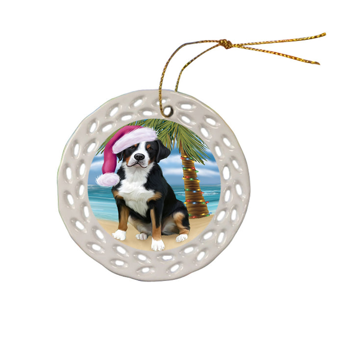 Summertime Happy Holidays Christmas Greater Swiss Mountain Dog on Tropical Island Beach Ceramic Doily Ornament DPOR54562