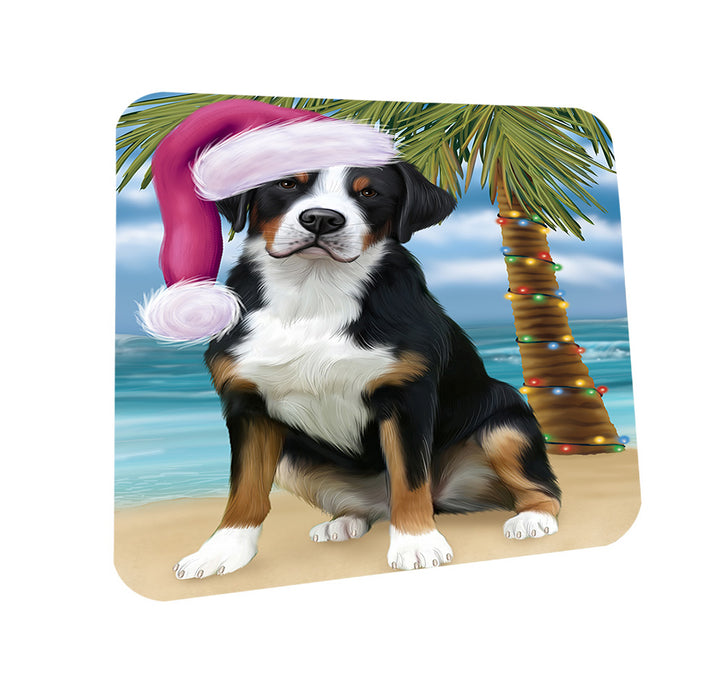 Summertime Happy Holidays Christmas Greater Swiss Mountain Dog on Tropical Island Beach Coasters Set of 4 CST54392