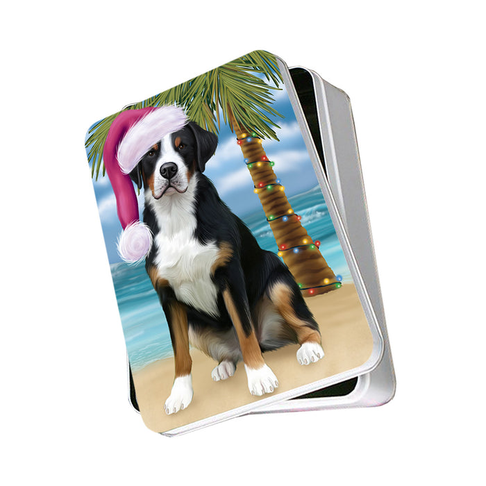 Summertime Happy Holidays Christmas Greater Swiss Mountain Dog on Tropical Island Beach Photo Storage Tin PITN54377