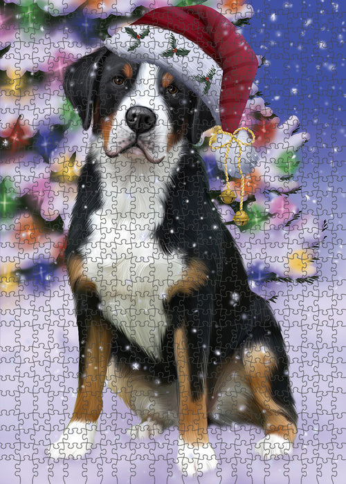 Winterland Wonderland Greater Swiss Mountain Dog In Christmas Holiday Scenic Background Puzzle with Photo Tin PUZL82196