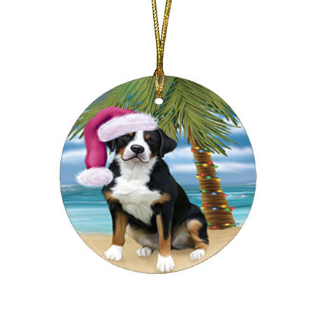 Summertime Happy Holidays Christmas Greater Swiss Mountain Dog on Tropical Island Beach Round Flat Christmas Ornament RFPOR54553