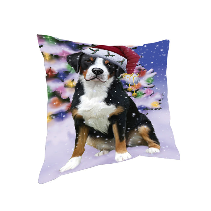 Winterland Wonderland Greater Swiss Mountain Dog In Christmas Holiday Scenic Background Pillow PIL71664