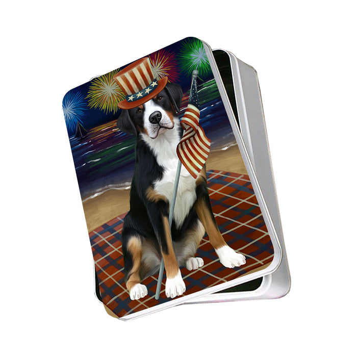 4th of July Independence Day Firework Greater Swiss Mountain Dog Photo Storage Tin PITN52437