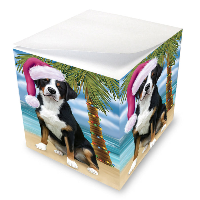 Summertime Happy Holidays Christmas Greater Swiss Mountain Dog on Tropical Island Beach Note Cube NOC56080
