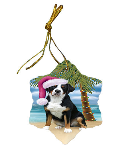 Summertime Happy Holidays Christmas Greater Swiss Mountain Dog on Tropical Island Beach Star Porcelain Ornament SPOR54553