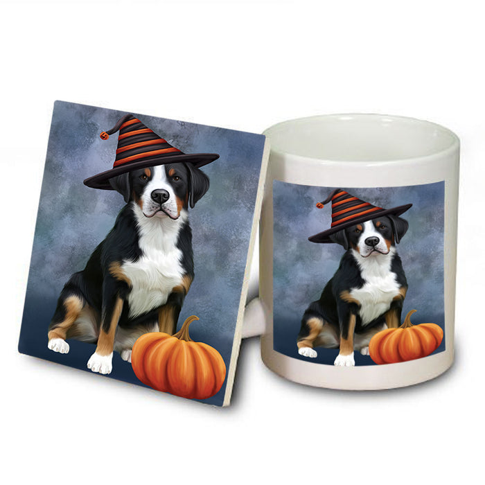 Happy Halloween Greater Swiss Mountain Dog Wearing Witch Hat with Pumpkin Mug and Coaster Set MUC54722