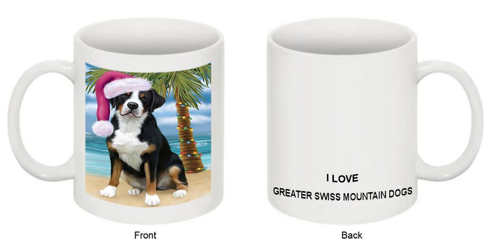 Summertime Happy Holidays Christmas Greater Swiss Mountain Dog on Tropical Island Beach Coffee Mug MUG49832