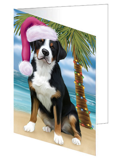 Summertime Happy Holidays Christmas Greater Swiss Mountain Dog on Tropical Island Beach Handmade Artwork Assorted Pets Greeting Cards and Note Cards with Envelopes for All Occasions and Holiday Seasons GCD67715