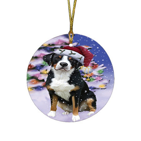 Winterland Wonderland Greater Swiss Mountain Dog In Christmas Holiday Scenic Background Round Flat Christmas Ornament RFPOR53751