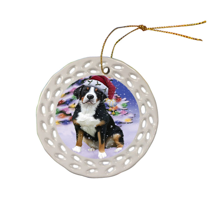 Winterland Wonderland Greater Swiss Mountain Dog In Christmas Holiday Scenic Background Ceramic Doily Ornament DPOR53760