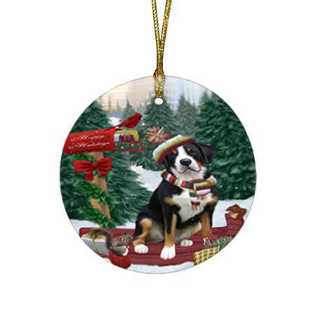 Merry Christmas Woodland Sled Greater Swiss Mountain Dog Round Flat Christmas Ornament RFPOR55302