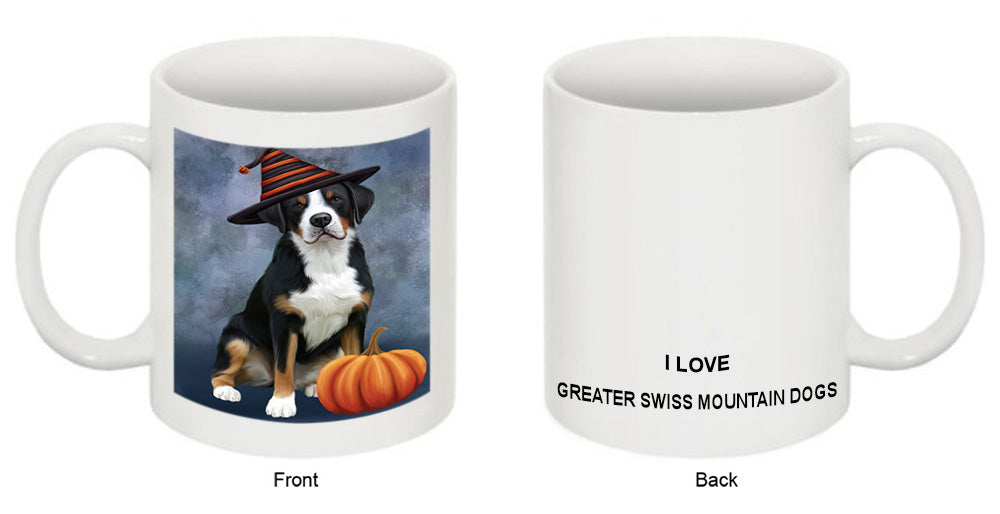 Happy Halloween Greater Swiss Mountain Dog Wearing Witch Hat with Pumpkin Coffee Mug MUG50128