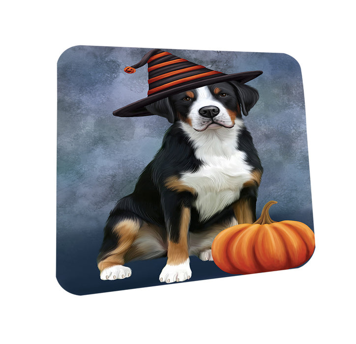 Happy Halloween Greater Swiss Mountain Dog Wearing Witch Hat with Pumpkin Coasters Set of 4 CST54688