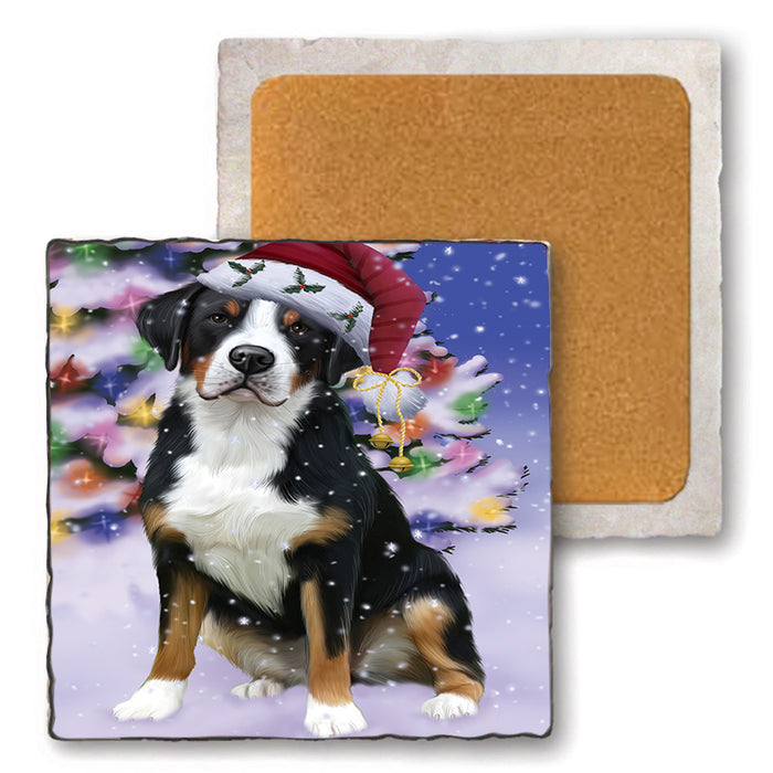 Winterland Wonderland Greater Swiss Mountain Dog In Christmas Holiday Scenic Background Set of 4 Natural Stone Marble Tile Coasters MCST48760