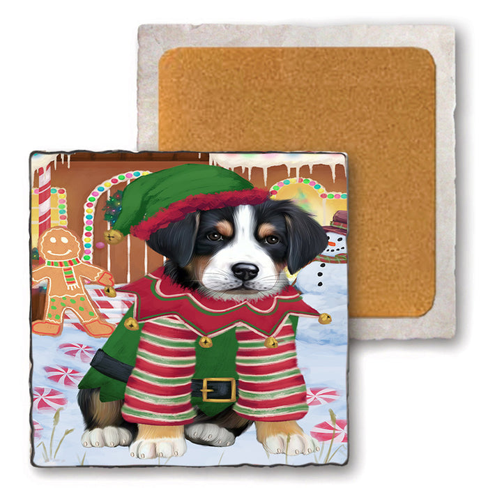 Christmas Gingerbread House Candyfest Greater Swiss Mountain Dog Set of 4 Natural Stone Marble Tile Coasters MCST51354