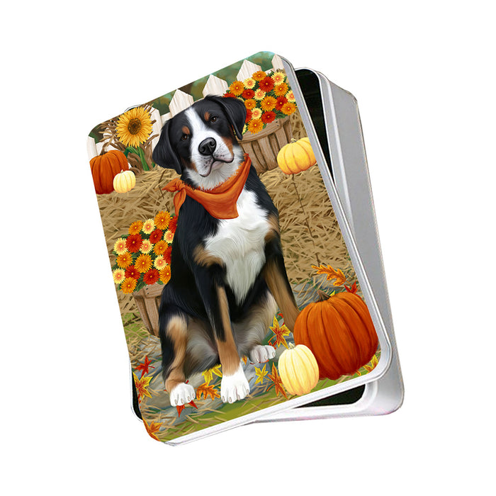 Fall Autumn Greeting Greater Swiss Mountain Dog with Pumpkins Photo Storage Tin PITN52332