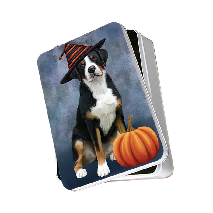 Happy Halloween Greater Swiss Mountain Dog Wearing Witch Hat with Pumpkin Photo Storage Tin PITN54673
